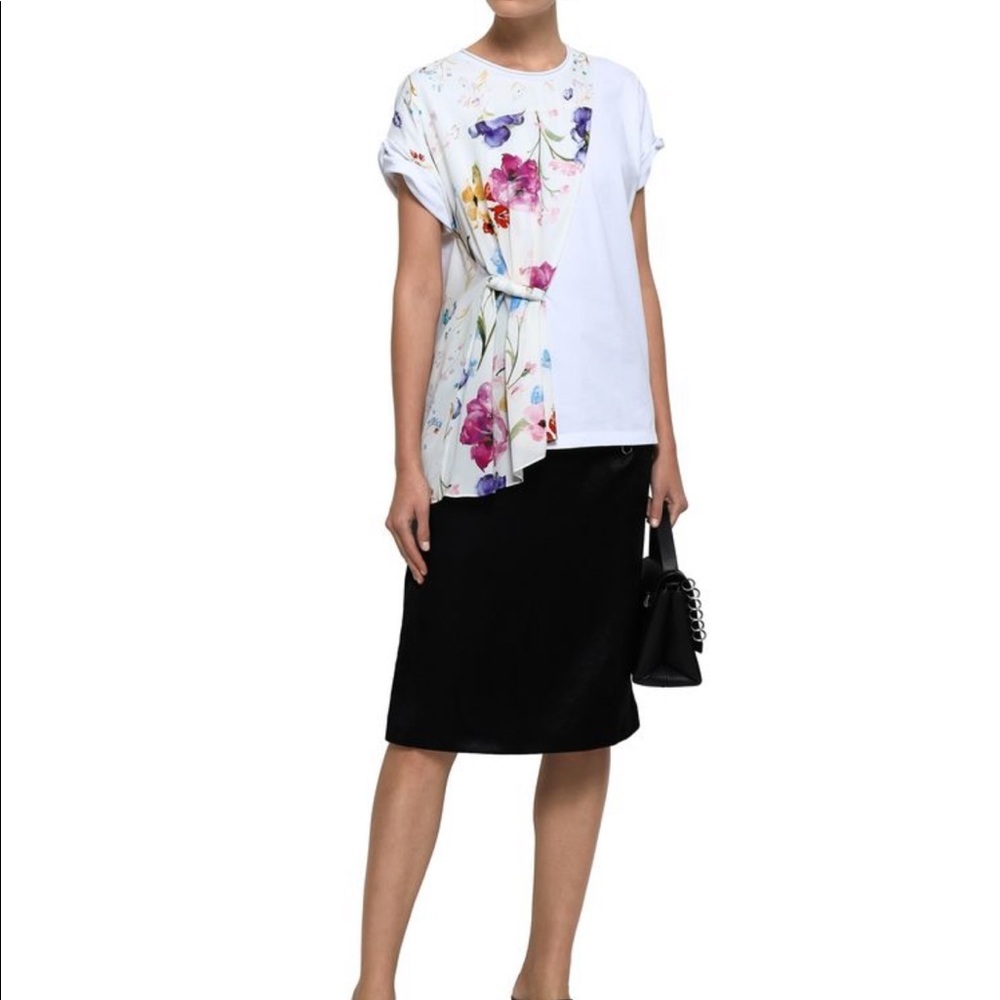 Floral Print Crepe de Chine Paneled Jersey Top